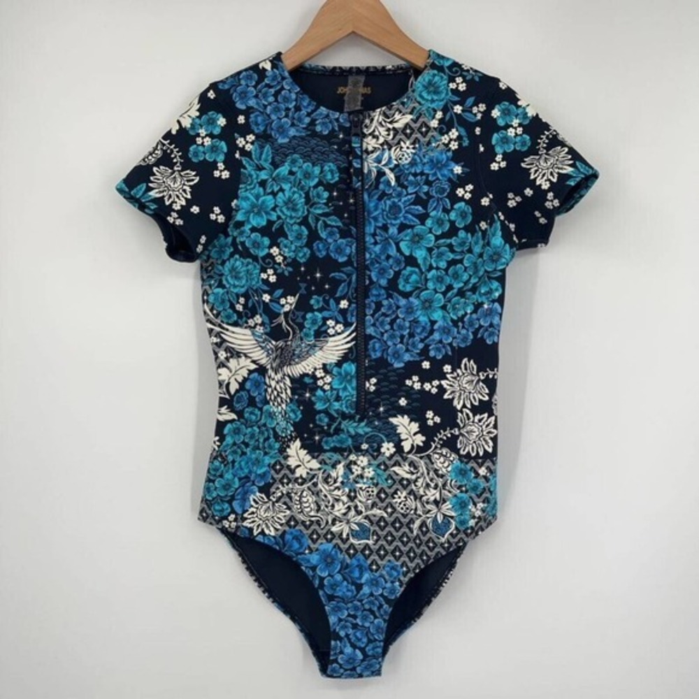 Johnny Was Fly Womens Zip Swimsuit Blue Floral Short Sleeve Neoprene One Piece M